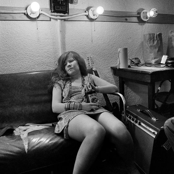 Black and white photograph of the singer Janis Joplin