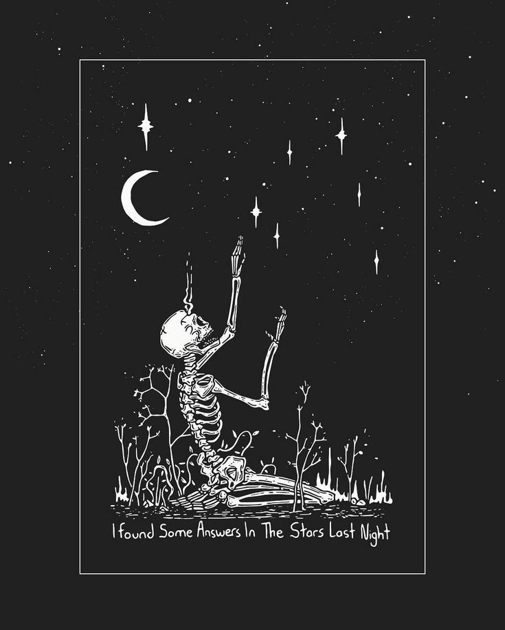 A skeleton kneeling under the night sky, the words "I found some answers in the stars last night"
