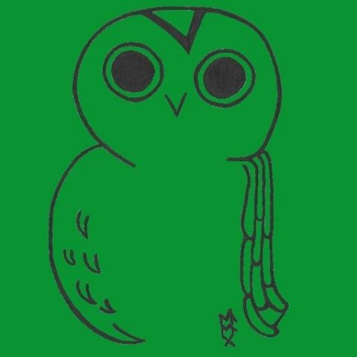 A stylised image of a black owl on a green background