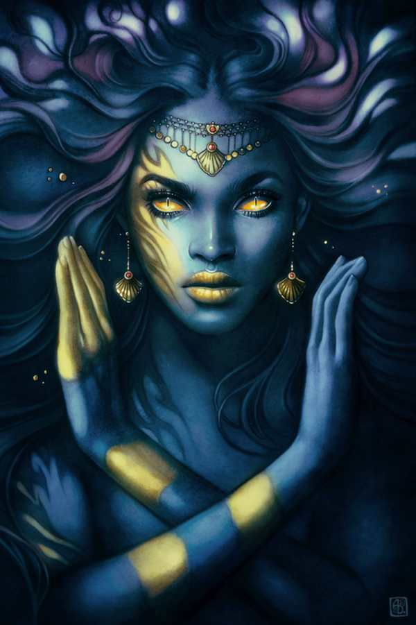 Blue mermaid-like woman with cat eyes
