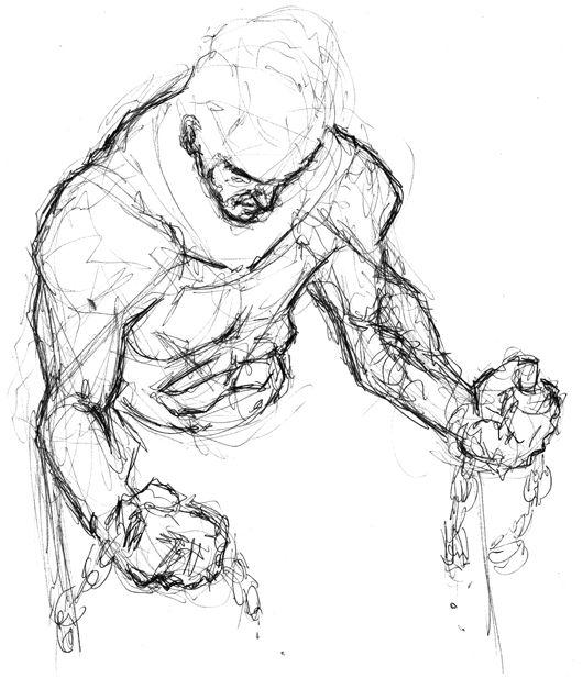 Black and white sketch of man breaking his shackles