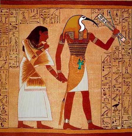Image of the god Thoth and an Egyptian, represented on an Egyptian papyrus