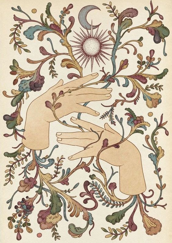 Two hands on a decorative background with a sun and moon