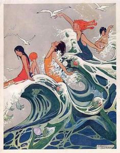 An art deco image of mermaids, painted by Edna Cooke.