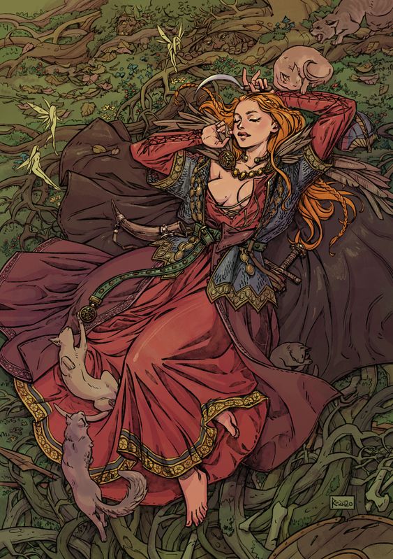 The Goddess Freyja reclining with cats.