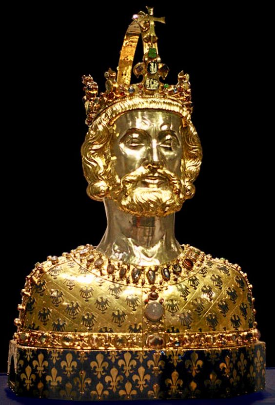A gold statue and reliquary containing the (possibly inauthentic) skull of Charlemagne.