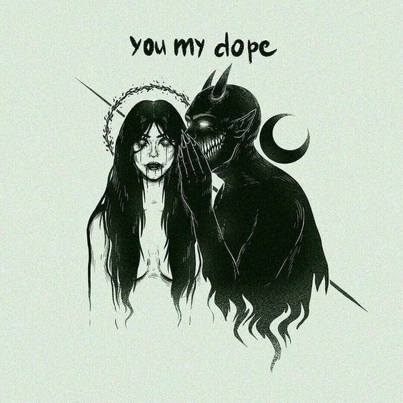 Pen and ink drawing of a horned figure and crescent moon embracing a haloed woman with the words "you my dope"
