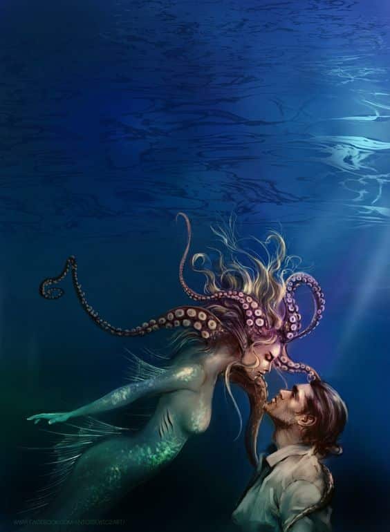 A mermaid with tentacles in her hair comes in to kiss a sailor underwater