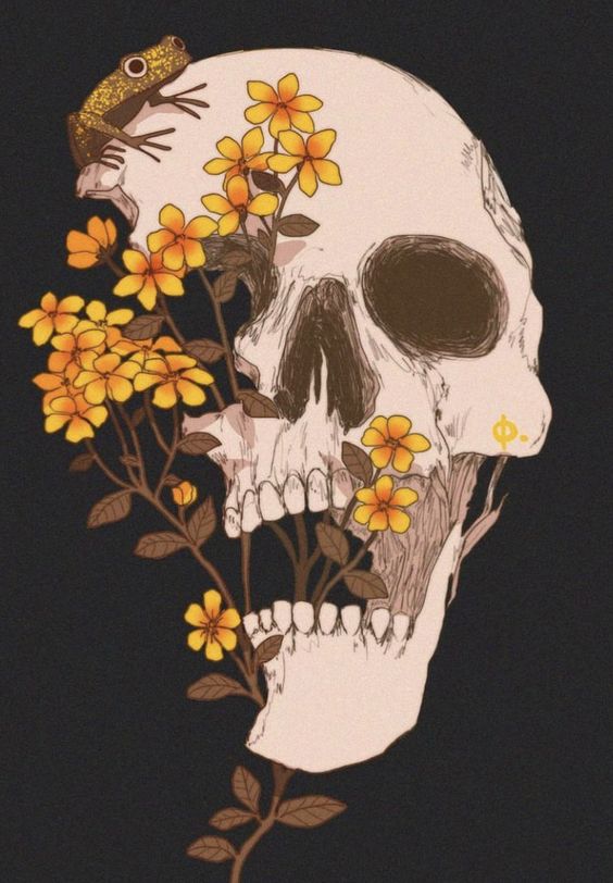 Watercolour image of a skull with yellow flowers and a frog