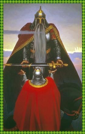 A bearded knight in armour offers a sword to a kneeling knight in a red robe.