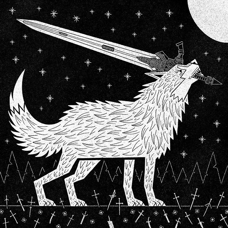 A black and white drawing of a grey wolf with a sword in his jaws, howling at the moon with smaller swords embedded at his feet