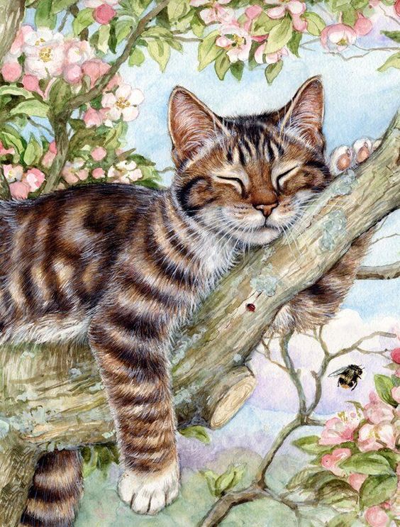 A drawing of a tabby cat resting in a blossom-laden tree