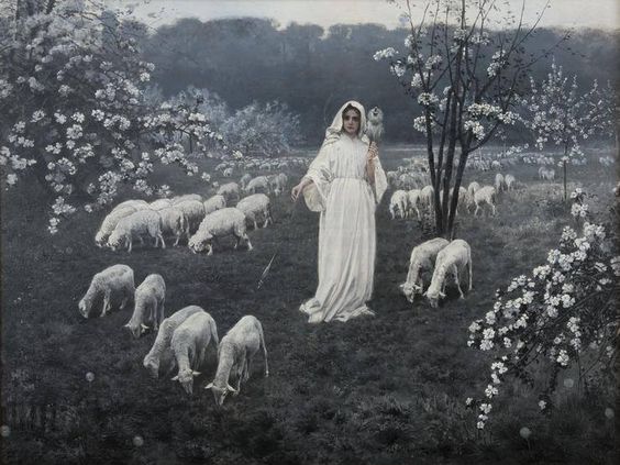 A woman in a white robe stands in a field with sheep and white roses