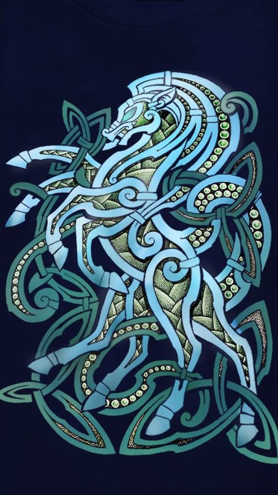 Mythological drawing of an eight-legged horse, embellished with Celtic knotwork.