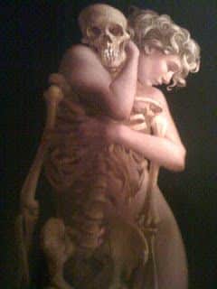 A painting in the classical style of a beautiful blonde woman holding a skeleton.