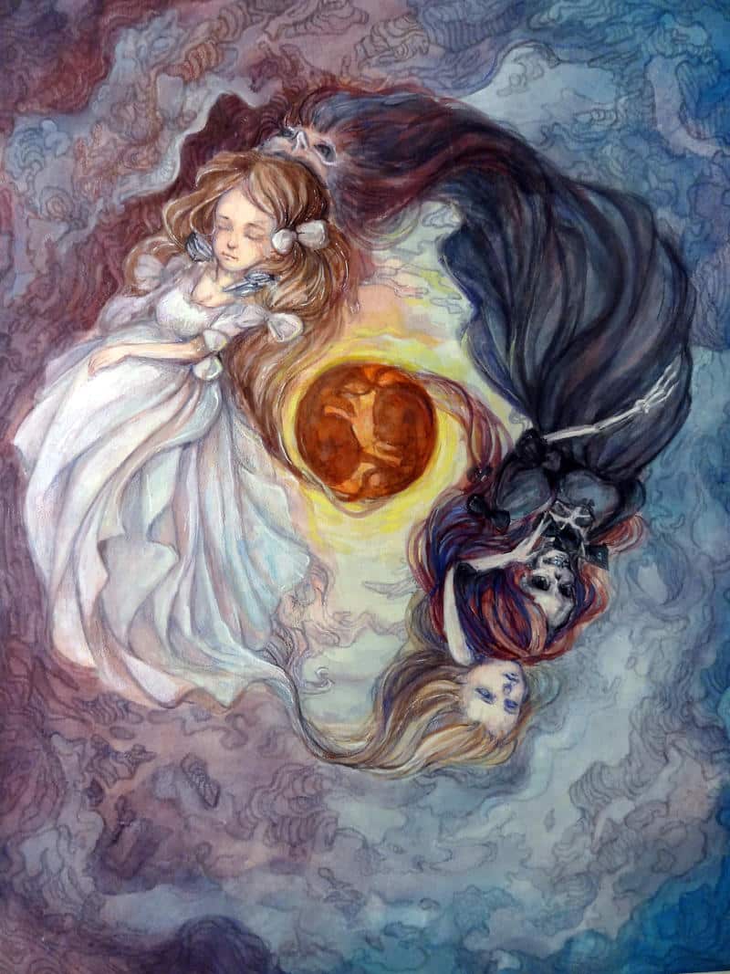 Twin girls in a vortex with a skull and a devouring hag.