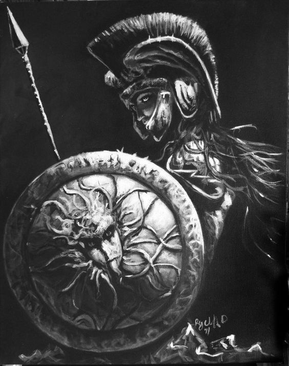 Black and white image of the goddess Athena with aegis and helmet