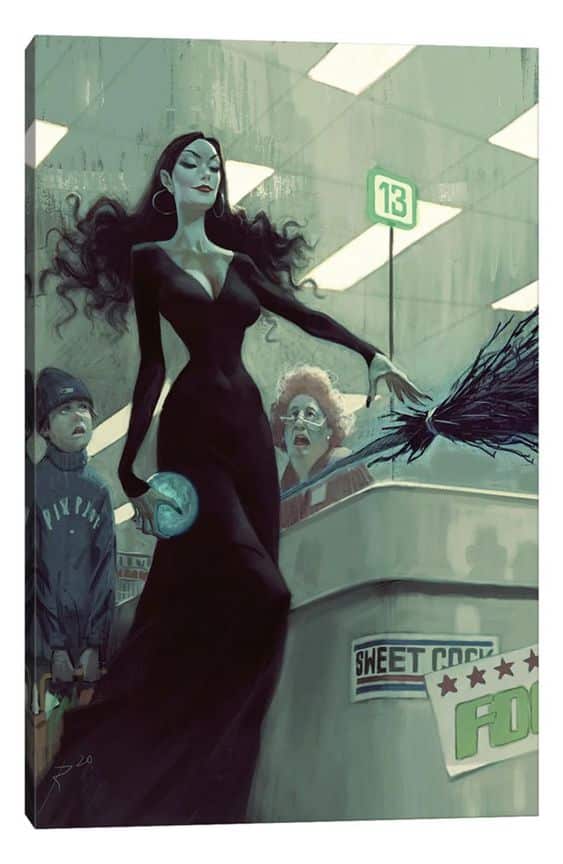 A statuesque woman in black brings a broom to the cashier, as two more everyday people look on in shock.