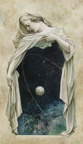 An image of a veiled woman, her body is revealed from beneath the veil to comprise of stars and planets.