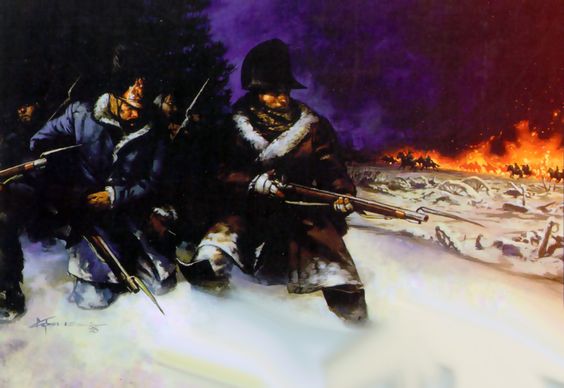 Napoleon Bonaparte and other men all in bicorn hats standing in snow with flames in the background.