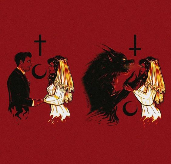 Two bridal couples: one with a man under an upright cross, the other with a demon under an inverted cross