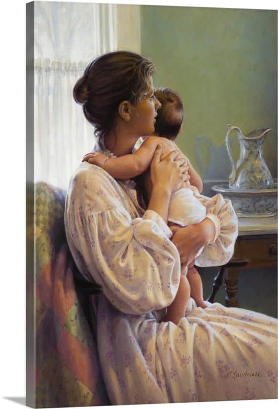 A young woman in a white dress embraces an infant wearing a nappy.
