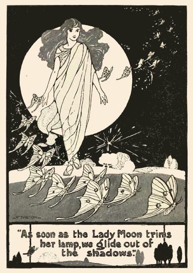 A black and white woodcut print of a woman standing against the Full Moon, with butterflies around her feet. Text in image: "As soon as the Lady Moon trims her lamp, we glide out of the shadows."