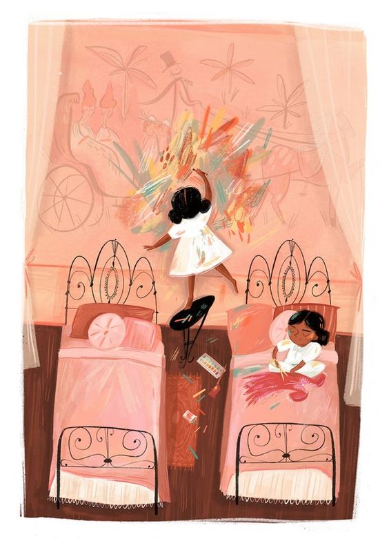 An illustration of twin girls in their bedroom. One is in bed drawing, the other is drawing on the wall.
