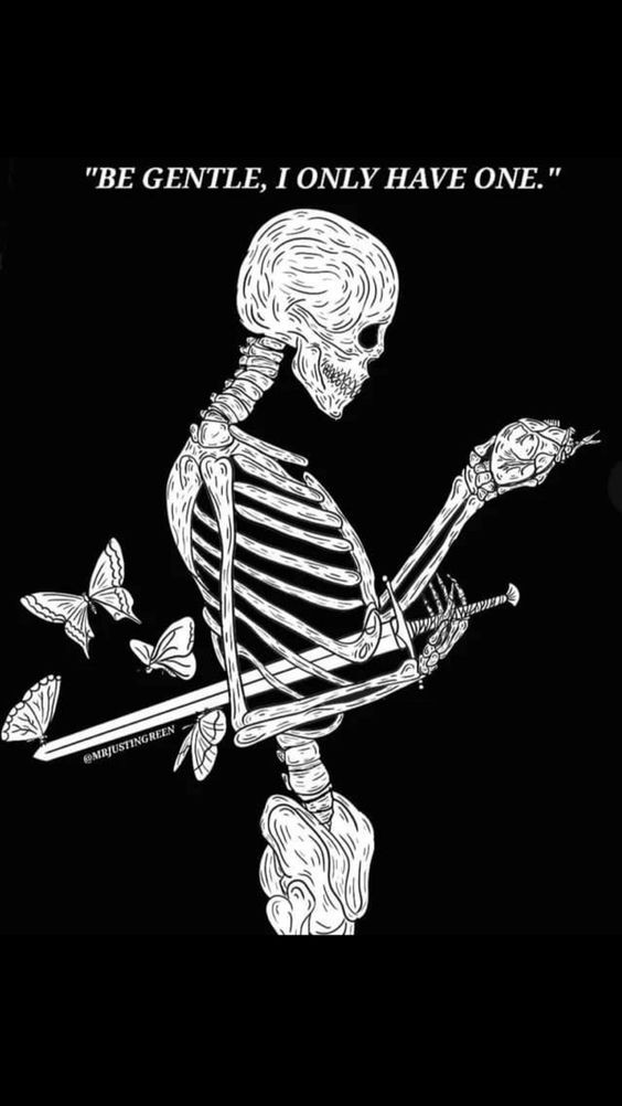 A skeleton with a sword through his chest, speaking to a heart in his hand. The words "Be Gentle, I only have one"