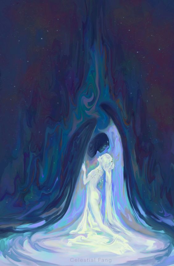 A fairy woman all in white embraced by a dark angel