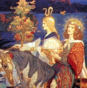 Two fairy folk on horseback, haloed, one with a gold crown with a gold snake. An apple tree is in the background.