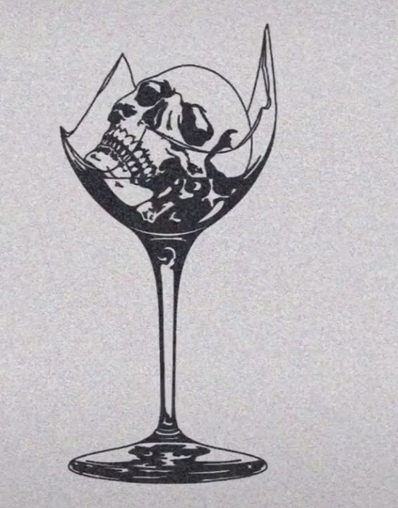 A black and white drawing of a skull in a broken wineglass