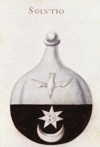 An image of an alchemical flask with a sun and moon in darkness, with a dove descending upon them.