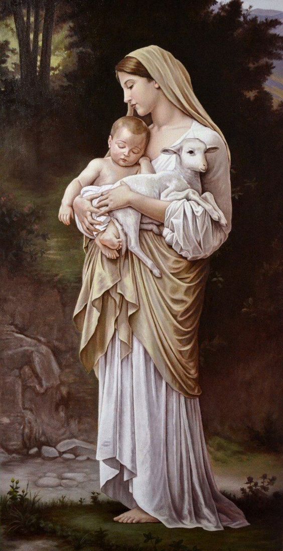 The Virgin Mary holds the baby Jesus, and a lamb