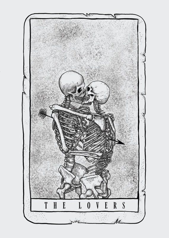 Two skeletons embracing, shot through with an arrow. Subtext: THE LOVERS