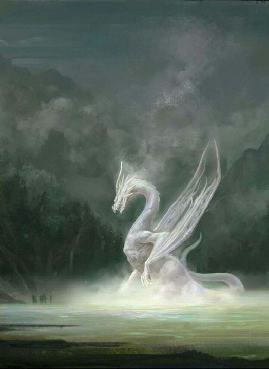 A white dragon sits in a dark fantasy landscape, full of frost and snow.
